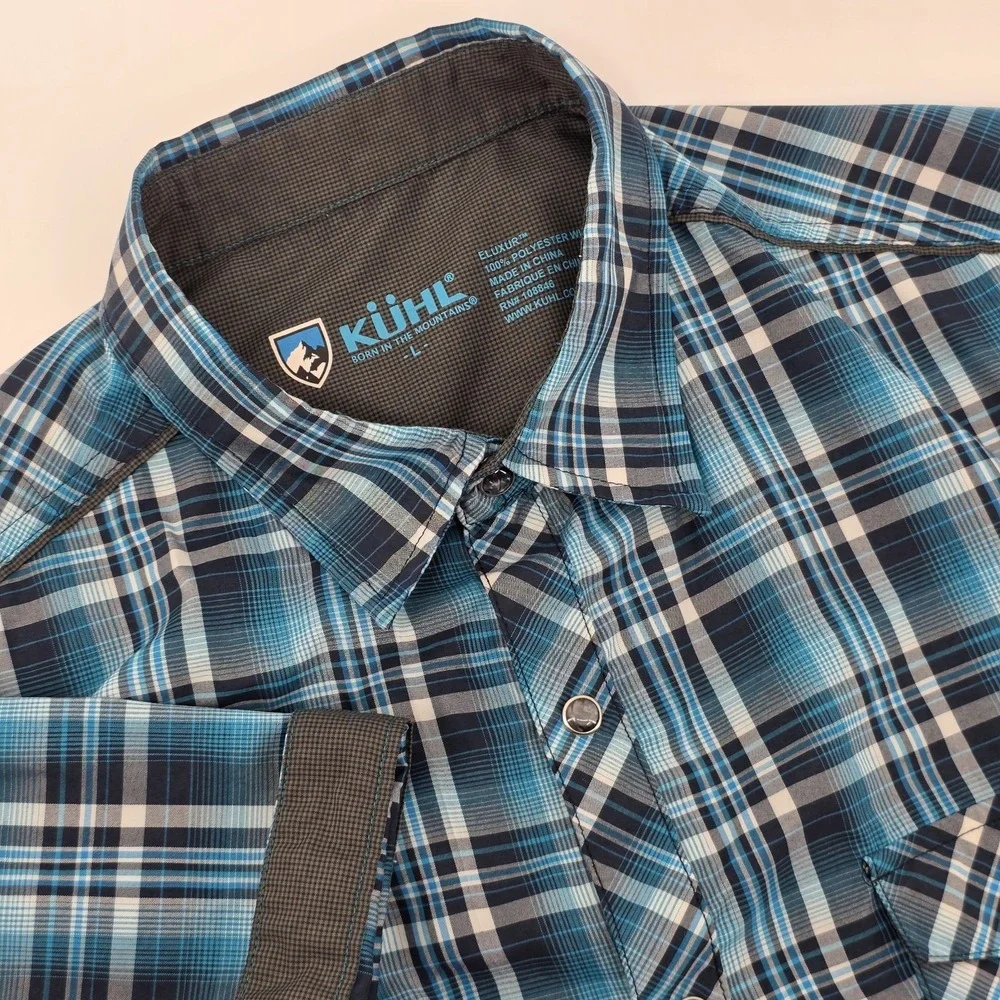 Kuhl Mountain Western Pearl Snaps Camp Shirt 100% Polyester Plaid Mens Sz Large